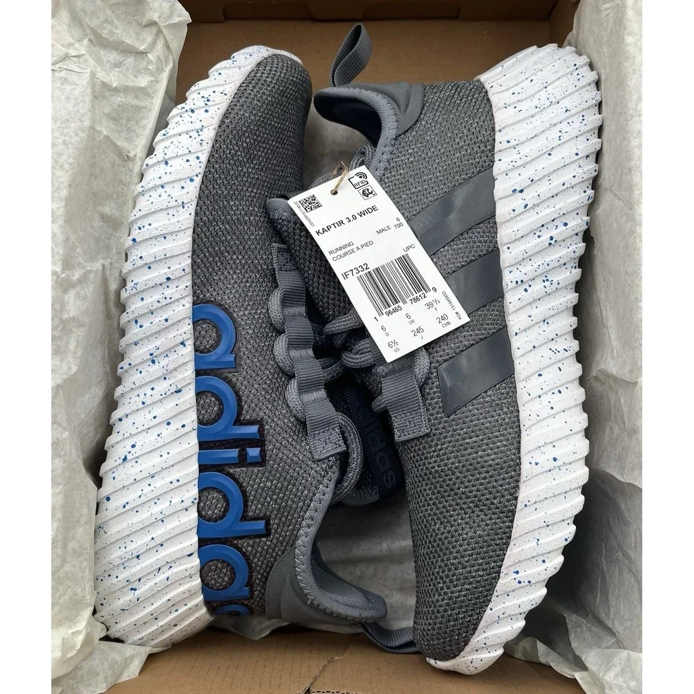 adidas Mens Kaptir 3.0 Running Shoes Size 6.5 WIDE Grey Blue Knit Upper Sneakers